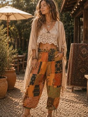 POL M Patchwork Boho Joggers - Green, Yellow, Orange, Black